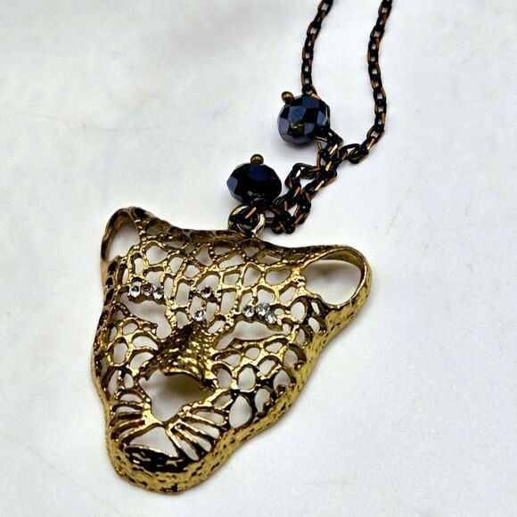 "5/$25" Goldtone Rhinestone Bead Gunmetal Goldtone Jaguar Necklace 23" - Picture 1 of 8